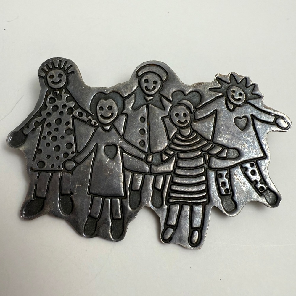 Vintage EFS Pewter Brooch Lapel Pin Five Children Holding Hands Fashion Jewelry
